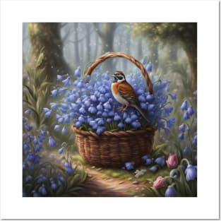 Quail Inspecting Basket of Bluebell Flowers Posters and Art